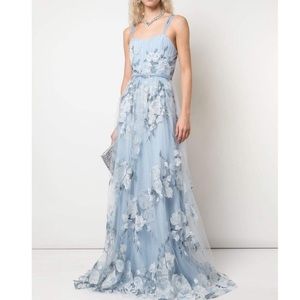 MARCHESA NOTTE Sleeveless Embroidered Tulle Layered Gown - Light Blue